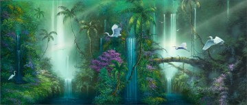 Fantasy Falls grúas montañas de la selva tropical Pinturas al óleo